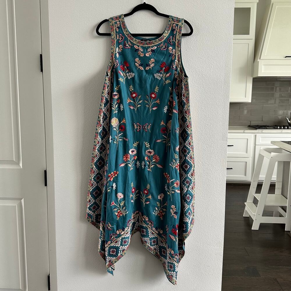 TOLANI Embroidered Floral Handkerchief Slip On Midi Dress